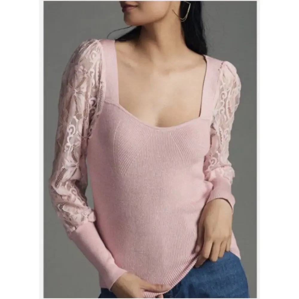 NWT Anthropologie Pink Sweetheart Lace Sleeve Sweater Size XXS